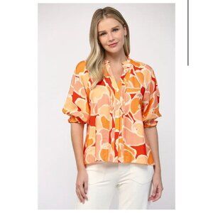 FATE Ali Desert Print Size Small Orange Red Pink Ruffle 3/4 Sleeve Blouse Top Ra